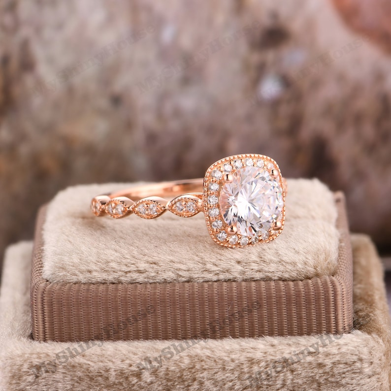 Half Eternity Wedding Dainty Ring Rose Gold Ring For Women Round Cut 7mm Moissanite Ring Halo Moissanite Ring 14K Gold Engagement Ring