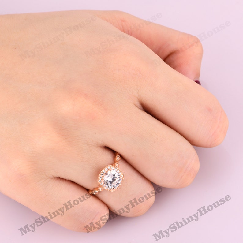 Half Eternity Wedding Dainty Ring Rose Gold Ring For Women Round Cut 7mm Moissanite Ring Halo Moissanite Ring 14K Gold Engagement Ring