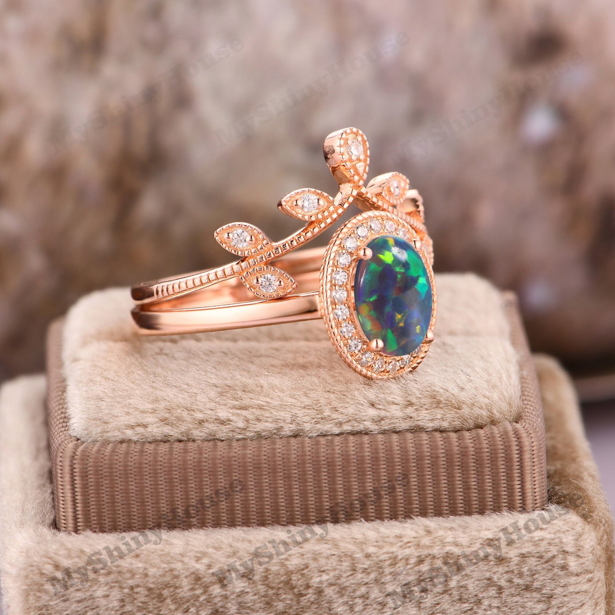 Opal Bridal Set/ 14k Rose Gold Wedding Ring Set/Unique Ring | Etsy