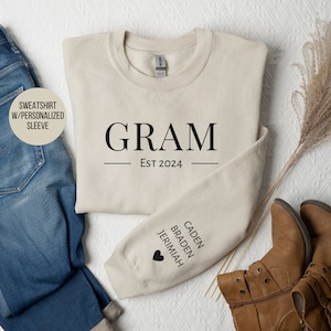Personalized gram sweatshirt with grandkids names on sleeve, custom gram gift, custom gram sweatshirt, personalized sleeve sweatshirt