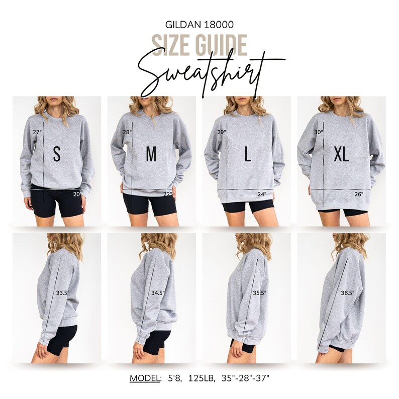 May include: A size guide for a grey Gildan 18000 sweatshirt. The guide shows the measurements for sizes S, M, L, and XL. The model is 173 cm tall and weighs 57 kg. The text "SIZE GUIDE Sweatshirt" is at the top.