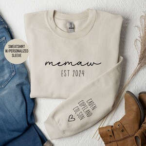 Personalized memaw sweatshirt with grandkids names on sleeve, custom memaw sweatshirt, memaw pregnancy announcement, memaw gift 2024
