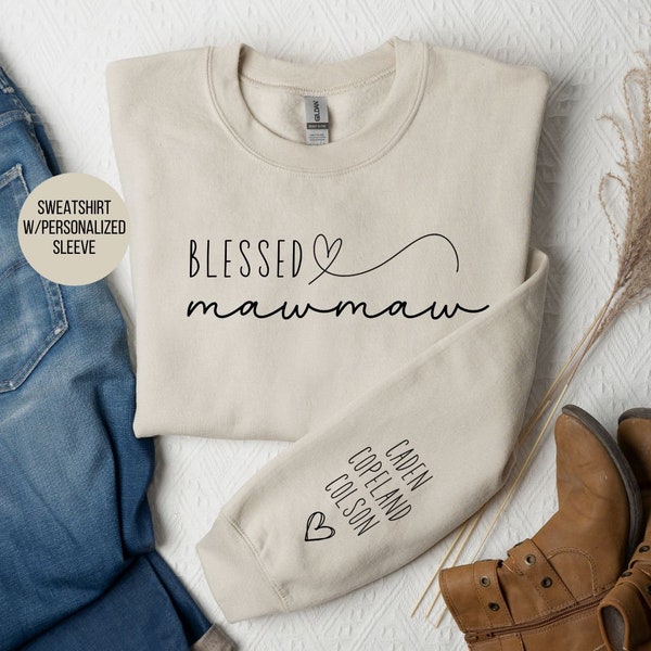 Sudadera personalizada de Mawmaw con nombres de nietos en la manga, sudadera personalizada de Mawmaw, anuncio de embarazo de Mawmaw, regalo de Mawmaw 2026