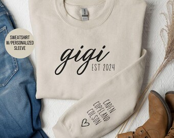 Personalized gigi sweatshirt with grandkids names on sleeve, custom gigi gift, custom gigi sweatshirt, personalized sleeve sweatshirt, gigi