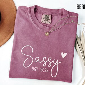 May include: A mauve coloured t-shirt with the text "Sassy est 2025" and a small pink heart printed on the front.