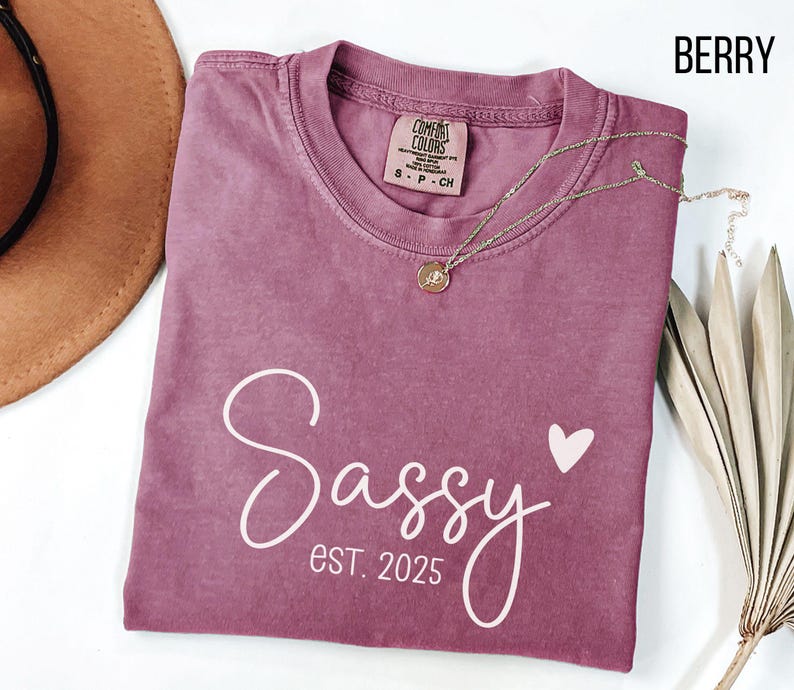 May include: A mauve coloured t-shirt with the text "Sassy est 2025" and a small pink heart printed on the front.