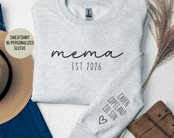 Personalized mema sweatshirt with grandkids names on sleeve, custom mema sweatshirt, mema pregnancy announcement, mema gift 2026, mema gift