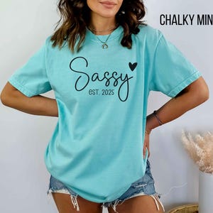 May include: A turquoise blue t-shirt with the text "Sassy est. 2025" and a small black heart.