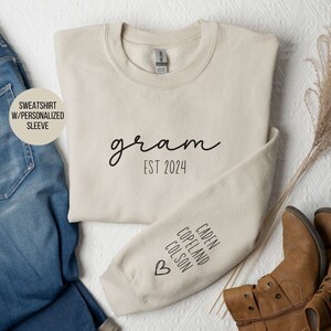 Personalized gram sweatshirt with grandkids names on sleeve, custom gram gift, custom gram sweatshirt, personalized sleeve sweatshirt