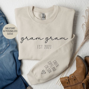 Personalized gram gram sweatshirt with grandkids names on sleeve, custom gram gram gift, personalized sleeve sweatshirt, gift for her