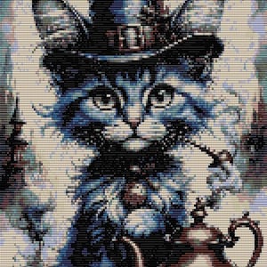 Può includere: Immagine di arte digitale di un gatto con cilindro e pipa. Il gatto è blu e bianco, con lunghi baffi e tiene una teiera. Lo sfondo è di un colore morbido e neutro.