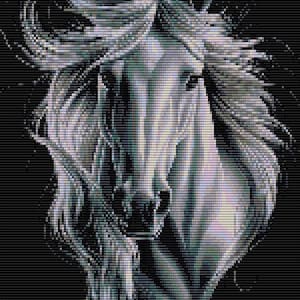 May include: A white horse with a flowing mane and tail, captured in a close-up portrait. The horse's head is turned slightly to the side, and its eyes are closed. The background is black, creating a dramatic contrast with the horse's white fur.