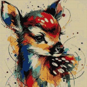 Può includere: Illustrazione pixelata e colorata della testa di un cervo di profilo. L'opera utilizza una vivace tavolozza di rosso, blu, giallo e nero, con un effetto acquerello. L'occhio del cervo è visibile, su uno sfondo beige neutro.