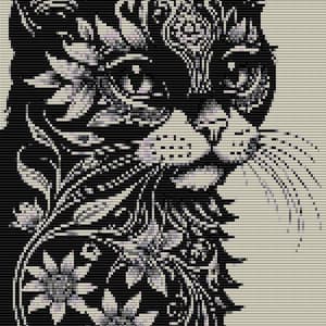 Puede incluir: Arte digital en blanco y negro de la cara de un gato, con intrincados patrones florales y ornamentales. El pelaje del gato está detallado con diseños y flores arremolinados, creando una imagen decorativa y artística.
