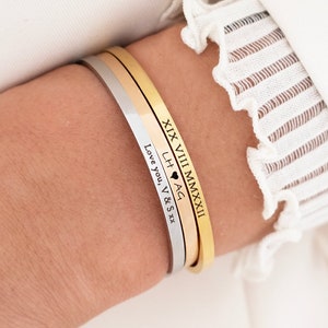 18k Custom Engraved Bracelet, Roman Numeral or Name or Message Bangle, Gold Rose Gold Silver Plated Women's Cuff, Mum Gift Postpartum image 8