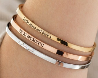 Personalised Engraved Bangle, Women's Gold Bracelet, Custom Roman Numerals, 30th, 40th, 50th Birthday Or Anniversary, Christmas Gift