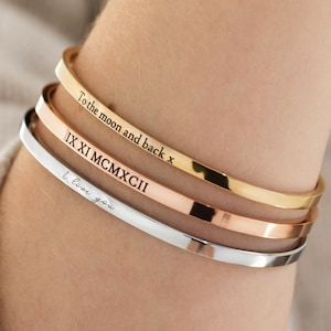 Personalised Engraved Bangle, Women's Gold Bracelet, Custom Roman Numerals, 30th, 40th, 50th Birthday Or Anniversary, Stacking Bracelet