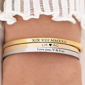 18k Custom Engraved Bracelet, Roman Numeral or Name or Message Bangle, Gold Rose Gold Silver Plated Women's Cuff, Mum Gift Postpartum image 2