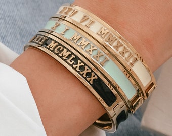 Custom Roman Numeral Date Bangle, Hinge & Clasp Bracelet,  Wedding Birthday Anniversary Present, Luxury Customised Jewellery, Gift For Wife