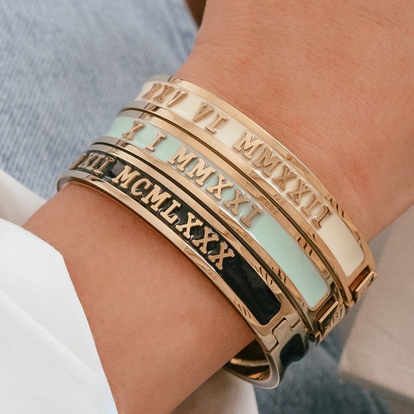 Custom Roman Numeral Date Bangle, Wedding Anniversary Present, Birthday Bracelet Gift, Luxury Customised Jewellery, Gold Bracelet For Wife