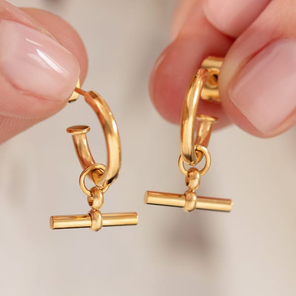 18k T-Bar Earrings, Gold or Silver T-Bar, Modern minimalist hoop earrings, perfect birthday gift for her