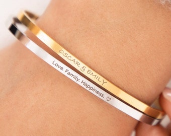 18k Custom Engraved Bracelet, Roman Numeral or Name or Message Bangle, Gold Rose Gold Silver Plated Women's Cuff, Mum Gift Postpartum