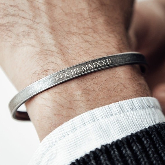 Mens Silver Engraved Bracelet, Matte or Shiny, Gold or Grey, Roman Numeral  Jewellery For Him, Adjustable Cuff, Dad or Anniversary Gift