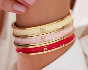 Custom Initial Bangle 18k Gold Silver Rose Gold, Personalised Letter Enamel Bracelet, Bespoke Jewellery Anniversary, Bridesmaid, Mum Gift