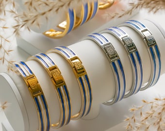 Striped Blue and White Hinge Bangle - Summer Bangle, Customised Jewellery, Gold Bracelet For Wife, Fiancé, Girlfriend