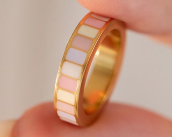 Striped Enamel Ring, Statement Vibrant Ring, Engraved Jewellery, Custom Names & Dates, 30th Birthday Present