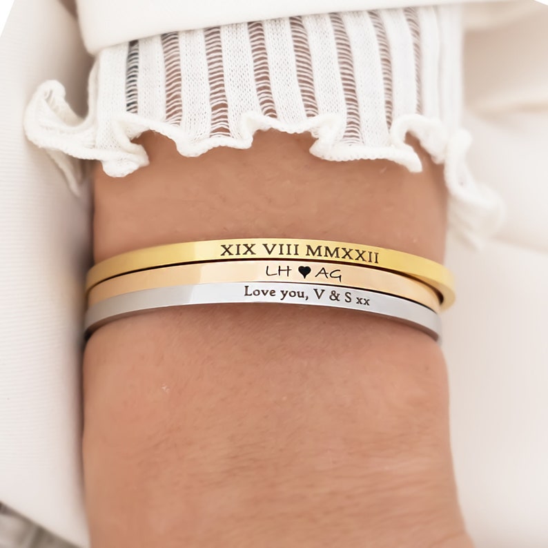 18k Custom Engraved Bracelet, Roman Numeral or Name or Message Bangle, Gold Rose Gold Silver Plated Women's Cuff, Mum Gift Postpartum image 2