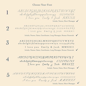 May include: Five different font styles are shown with the alphabet, numbers, and the phrase "I love you Emily & Josh MMXXII".  The font styles are numbered 1 through 5.