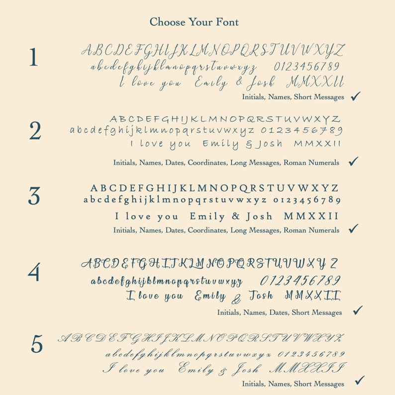 May include: Five different font styles are shown with the alphabet, numbers, and the phrase "I love you Emily & Josh MMXXII".  The font styles are numbered 1 through 5.
