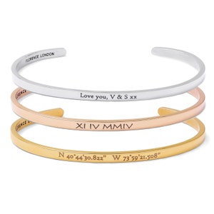 18k Custom Engraved Bracelet, Roman Numeral or Name or Message Bangle, Gold Rose Gold Silver Plated Women's Cuff, Mum Gift Postpartum image 6