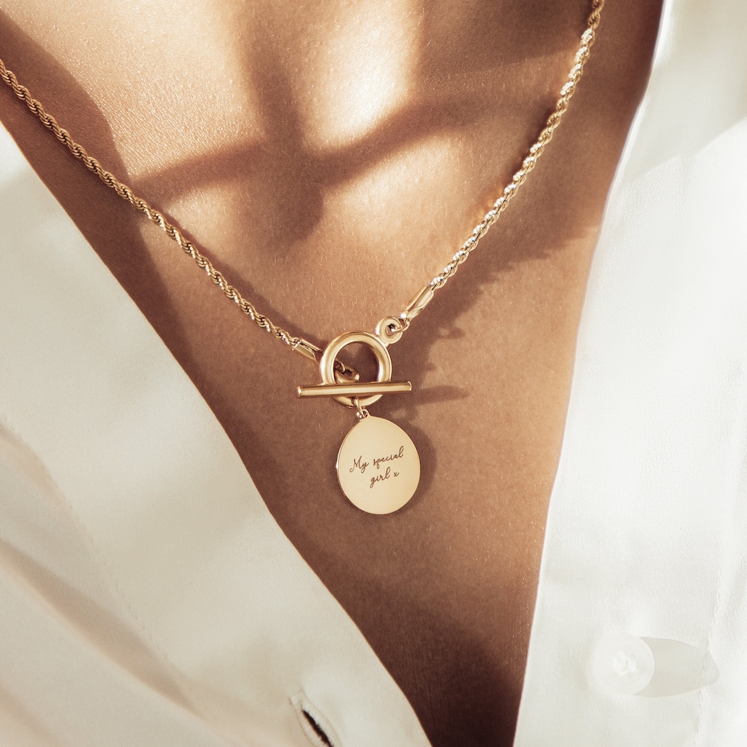 18K T-bar Necklace, Gold or Silver Pendant on Chain, Engraved With 