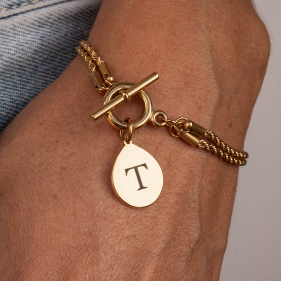 Personalized 18K Gold T-Bar Bracelet: Engraved Pendant, Rope Chain