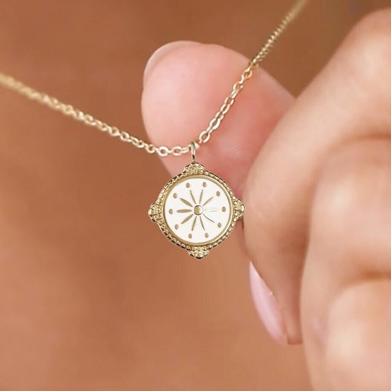18k Gold \u0026 Cream Compass Pendant Women 