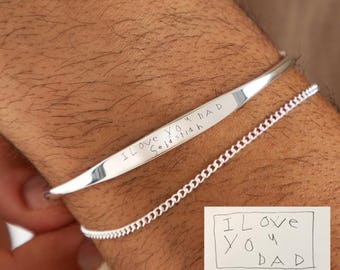 Men's Real Handwriting Torque Bracelet, Handwritten Messages from Children or Partners, Gold or Silver Gift For Him, Flexible and Waterproof