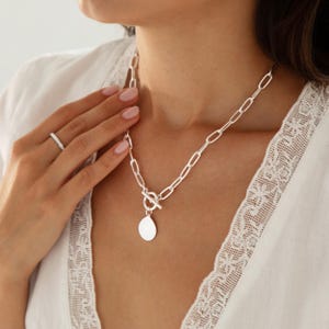 18K T-Bar Necklace on Paperclip Chain, Gold Or Silver Pendant, Engraved with Roman Numerals, Names, Dates or Messages, Bridesmaid, 30th Gift