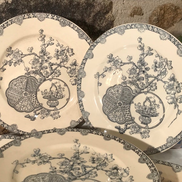 Antique assiette à dessert service Longwy modèle Kioto - Faïence terre de fer bleue 19ème siècle