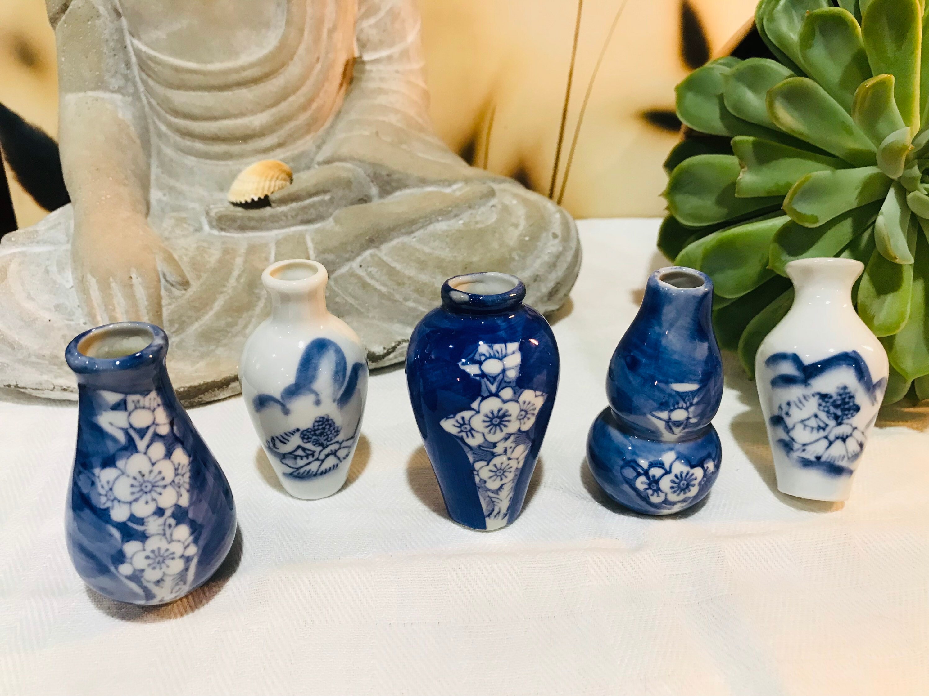 5 Vases Japonais Miniatures en Porcelaine - Soliflore Miniature Rare 19Ème Siècle