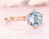 6 Prongs Set Proposal Ring,2.0CT 8mm Round Cut Natural Aquamarine Wedding Engagement Ring S925 Silver,March Birthstone Women 39 s Ring 18k Gold