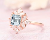 March Birthstone Ring Gift, 1.3ct Square Aquamarine Engagement Ring Anniversary Gift, Aquamarine Proposal Wedding Ring, Antique Women 39 s Ring