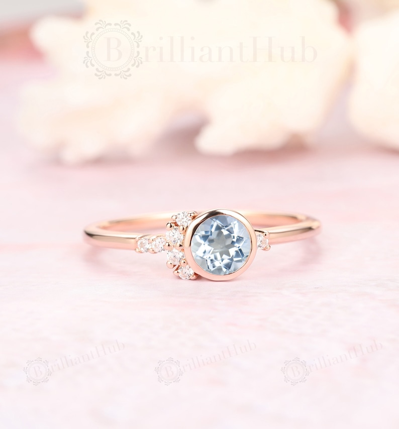 Proposal Ring Blue Gemstone Women/'s Ring Birthstone 5mm Round Aquamarine Engagement Ring Cluster Aquamarine Wedding Ring Sterling Silver