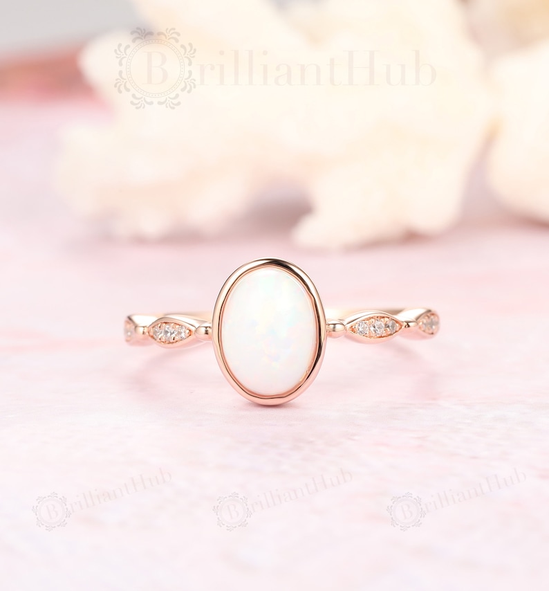 Milgrain Wedding Ring Band Art Deco Ring 6x8mm Bezel Set Oval Natural Opal Engagement Ring For Ladies Plain Gold Vintage Christmas Gift