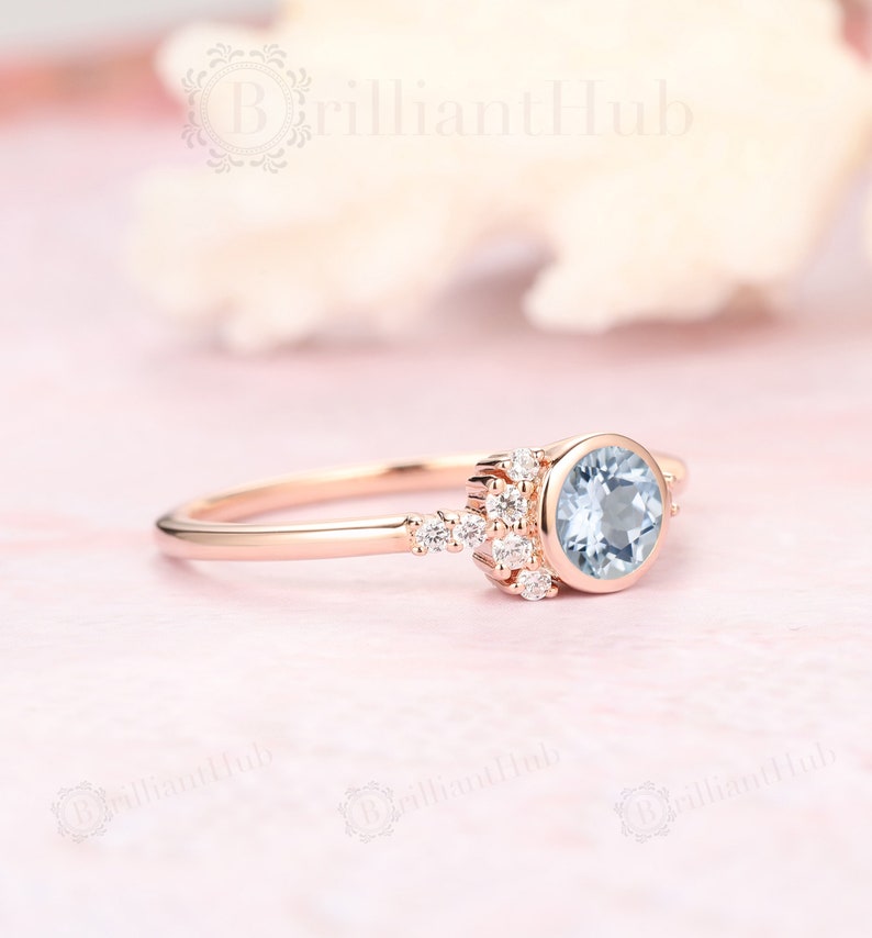 Proposal Ring Blue Gemstone Women/'s Ring Birthstone 5mm Round Aquamarine Engagement Ring Cluster Aquamarine Wedding Ring Sterling Silver