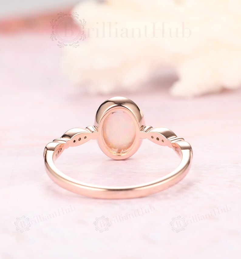 Milgrain Wedding Ring Band Art Deco Ring 6x8mm Bezel Set Oval Natural Opal Engagement Ring For Ladies Plain Gold Vintage Christmas Gift