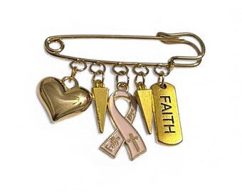 Breast Cancer Awareness Pink and Gold Safety Pin Brooch with Charms, Survivor Gift, Personalized Safety Pin