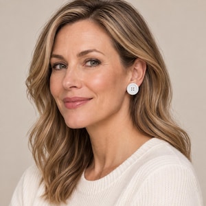 May include: A white circular stud earring shaped like a four-hole sewing button. The earring features a smooth, matte finish with four small, evenly spaced holes in the center, securely fastened to the earlobe as a singular decorative accessory.