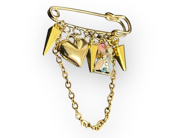 Gold Safety Pin Brooch with Gold Heart & Floral Charms | Chain Brooch | Vintage Brooch l Unisex Brooch